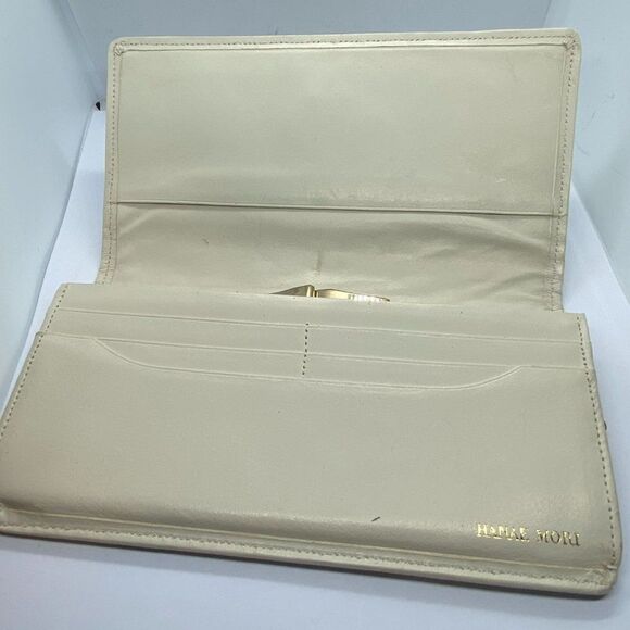 Authentic Hanae Mori Luxury Ivory Fabric & Leather Long Bifold Clutch Wallet - Picture 6 of 9